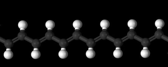 聚乙炔的化学结构式（上）和球棍模型图（下）。图片来源：wikipedia